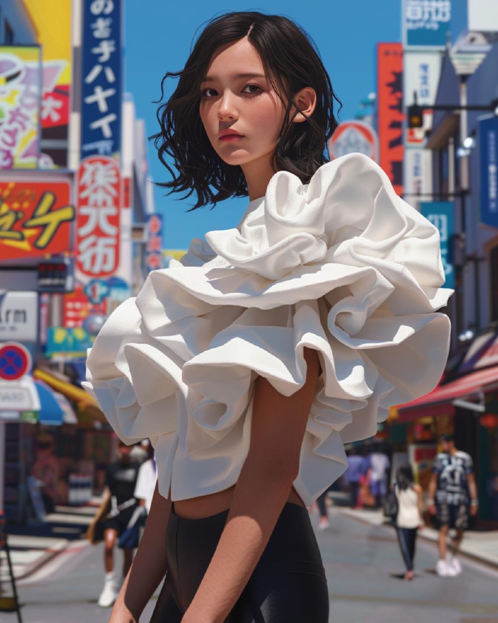 kakame look003 white tops sculptural bloom