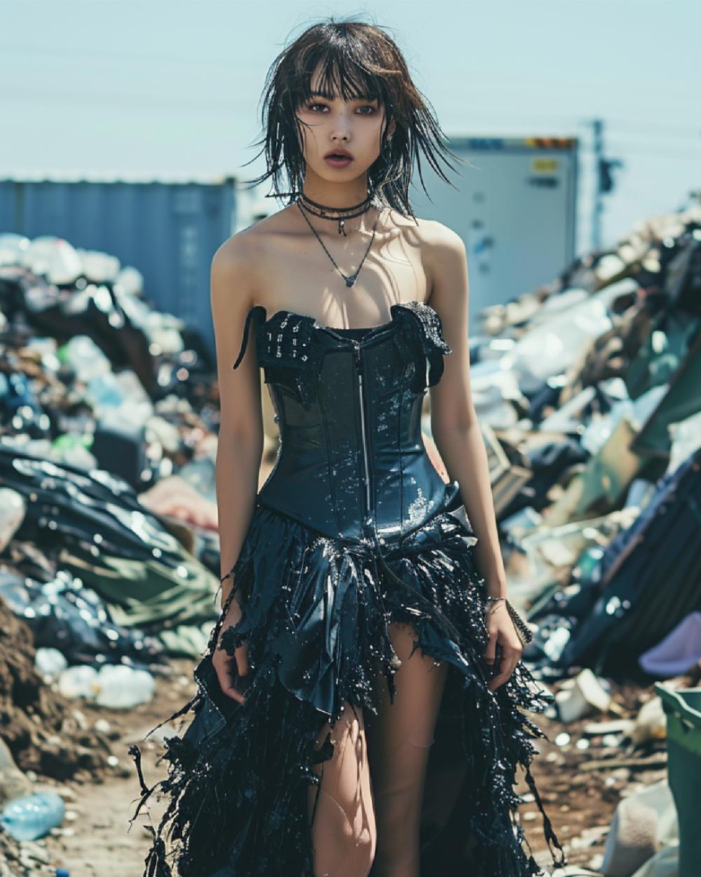 kakame look020 black garbage bag material dress