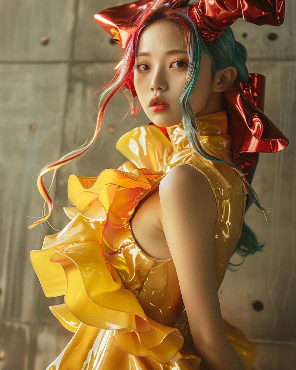 kakame look021 dress yellow frilled vinyl material